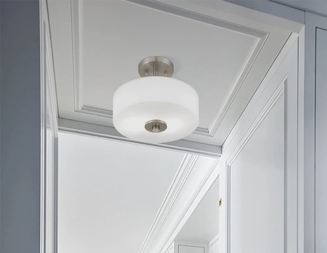 Alt view image 2 of 7 - Tawson Abra 2-Light Semi Flush Mount Light with Etched Glass in Drump Shade Brushed Finish for Hallway, Entryway, Passway, Dining Room, Bedroom, Garage, Kitchen Island, Balcony