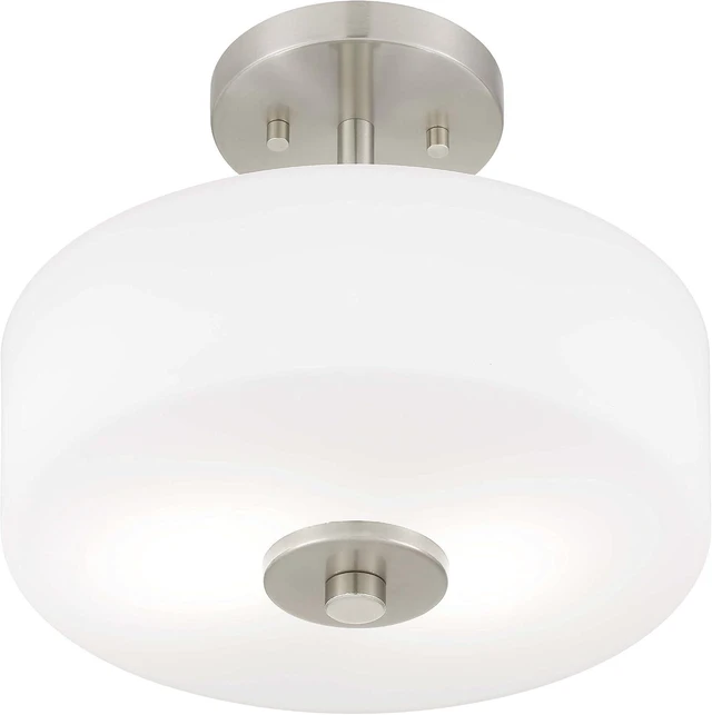 Alt view image 3 of 7 - Tawson Abra 2-Light Semi Flush Mount Light with Etched Glass in Drump Shade Brushed Finish for Hallway, Entryway, Passway, Dining Room, Bedroom, Garage, Kitchen Island, Balcony