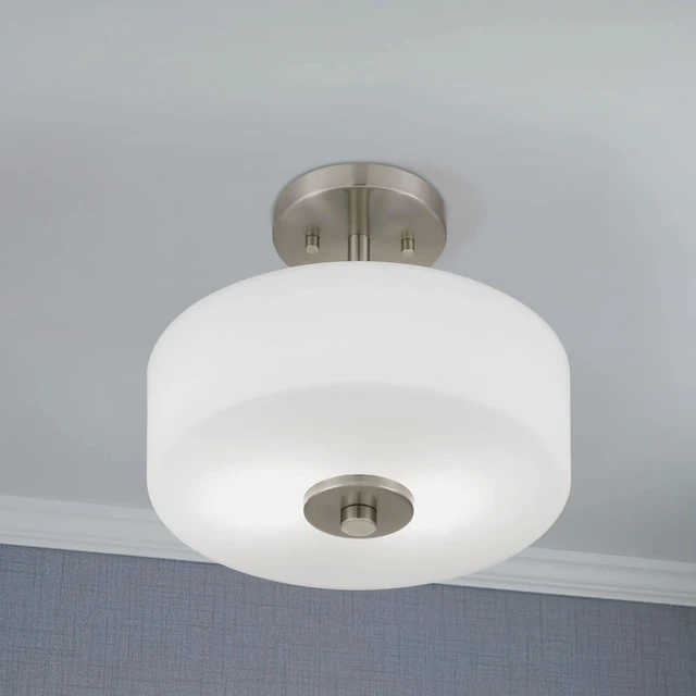 Alt view image 4 of 7 - Tawson Abra 2-Light Semi Flush Mount Light with Etched Glass in Drump Shade Brushed Finish for Hallway, Entryway, Passway, Dining Room, Bedroom, Garage, Kitchen Island, Balcony
