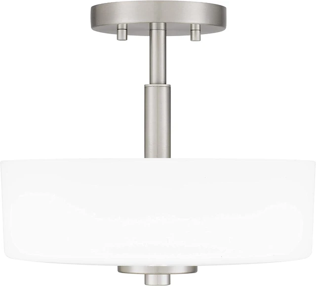 Alt view image 7 of 7 - Tawson Abra 2-Light Semi Flush Mount Light with Etched Glass in Drump Shade Brushed Finish for Hallway, Entryway, Passway, Dining Room, Bedroom, Garage, Kitchen Island, Balcony