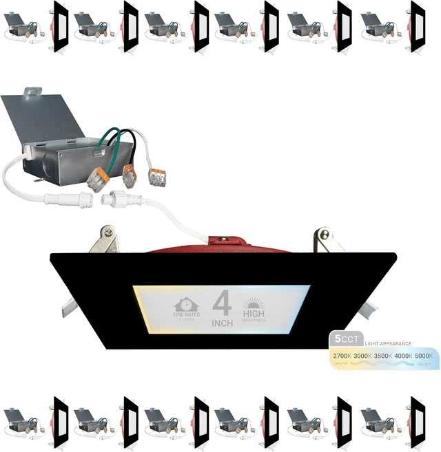 Main image of NUWATT 12 Pack 4" 2 HR Fire Rated Black Square LED Wafer Lights 2700K-5000K