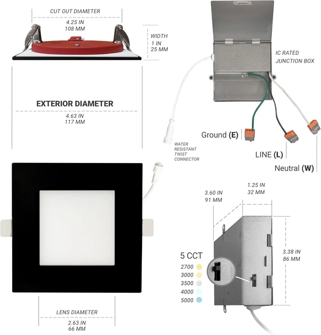 Alt view image 5 of 7 - NUWATT 12 Pack 4" 2 HR Fire Rated Black Square LED Wafer Lights 2700K-5000K