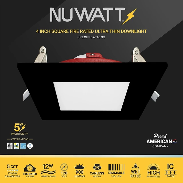 Alt view image 2 of 7 - NUWATT 12 Pack 4" 2 HR Fire Rated Black Square LED Wafer Lights 2700K-5000K