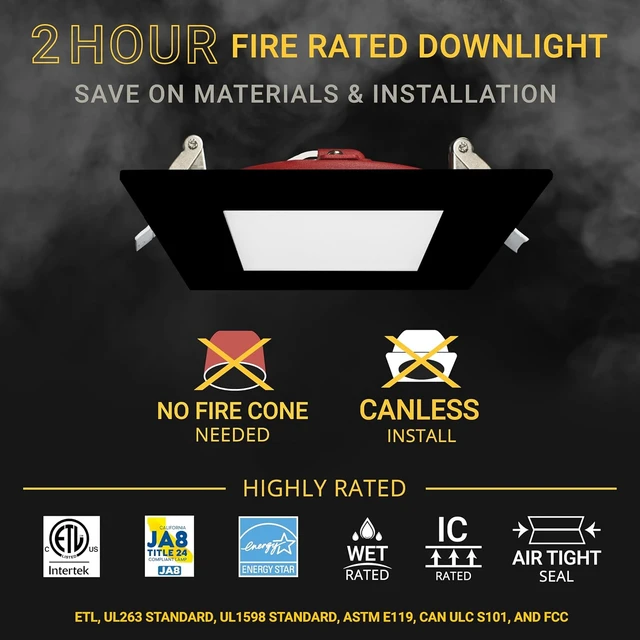 Alt view image 3 of 7 - NUWATT 12 Pack 4" 2 HR Fire Rated Black Square LED Wafer Lights 2700K-5000K