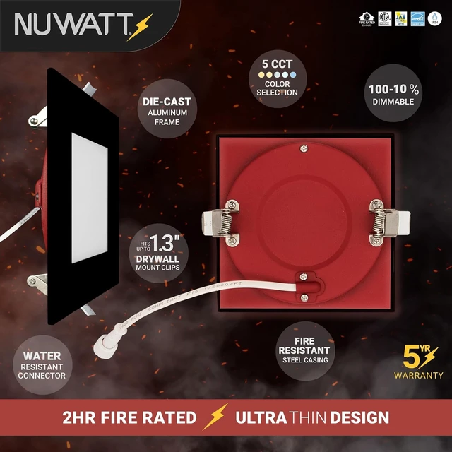 Alt view image 4 of 7 - NUWATT 12 Pack 4" 2 HR Fire Rated Black Square LED Wafer Lights 2700K-5000K