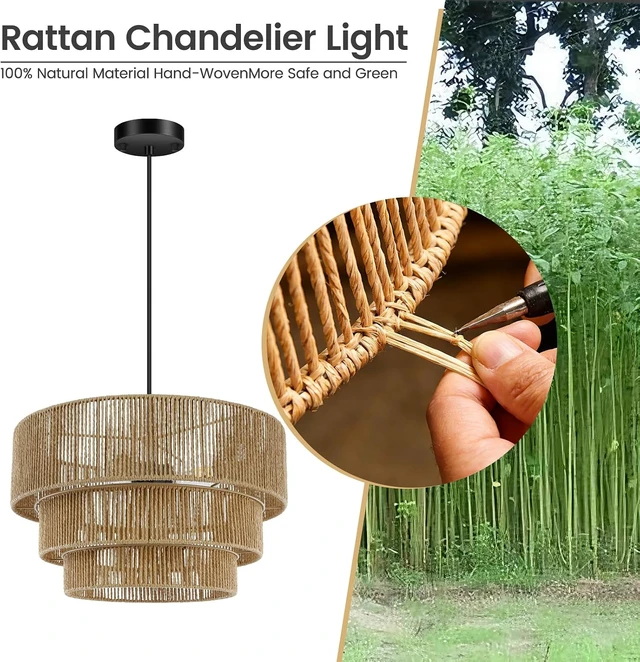 Alt view image 4 of 7 - BoostArea 3 Light Boho Rattan Chandelier Light,16.5Hand Woven Farmhouse Pendant Lights,Coastal Hanging Ceiling Light for Dining Room,Kitchen Island, Bedroom,Entryway, Foyer,Brown,Adjustable Cord