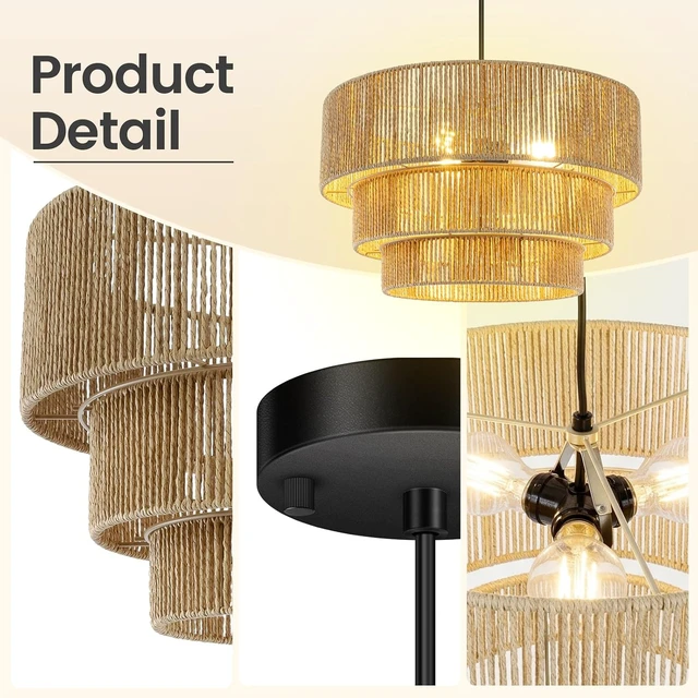 Alt view image 5 of 7 - BoostArea 3 Light Boho Rattan Chandelier Light,16.5Hand Woven Farmhouse Pendant Lights,Coastal Hanging Ceiling Light for Dining Room,Kitchen Island, Bedroom,Entryway, Foyer,Brown,Adjustable Cord