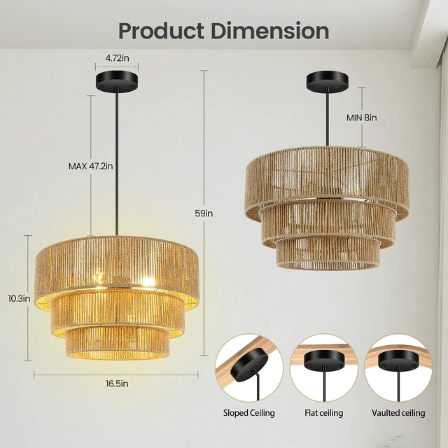 Alt view image 6 of 7 - BoostArea 3 Light Boho Rattan Chandelier Light,16.5Hand Woven Farmhouse Pendant Lights,Coastal Hanging Ceiling Light for Dining Room,Kitchen Island, Bedroom,Entryway, Foyer,Brown,Adjustable Cord