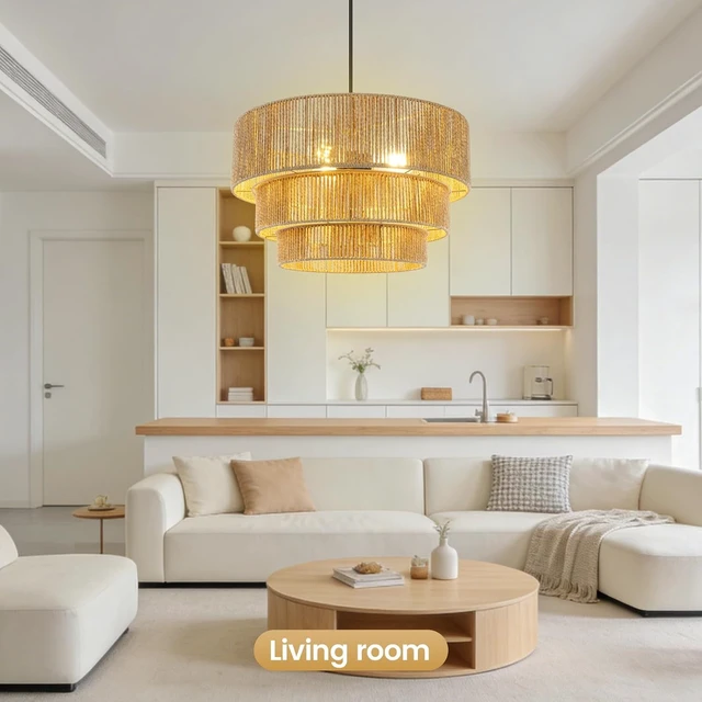 Alt view image 7 of 7 - BoostArea 3 Light Boho Rattan Chandelier Light,16.5Hand Woven Farmhouse Pendant Lights,Coastal Hanging Ceiling Light for Dining Room,Kitchen Island, Bedroom,Entryway, Foyer,Brown,Adjustable Cord