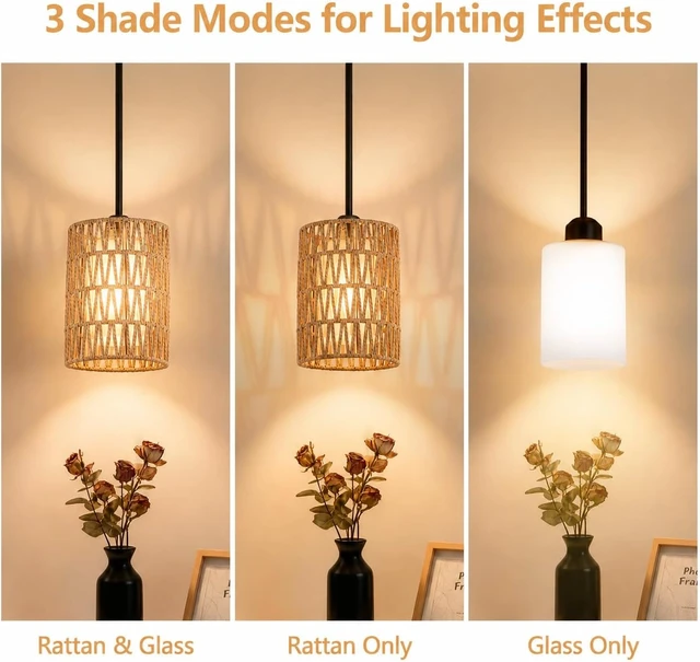 Alt view image 3 of 7 - 6 in. Mini Rattan Pendant Light, 2-in-1 Glass & Rattan Shade