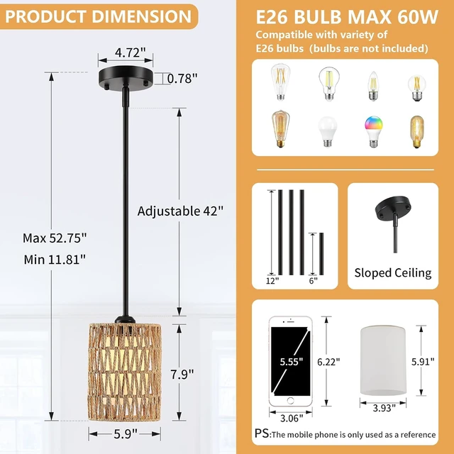 Alt view image 2 of 7 - 6 in. Mini Rattan Pendant Light, 2-in-1 Glass & Rattan Shade