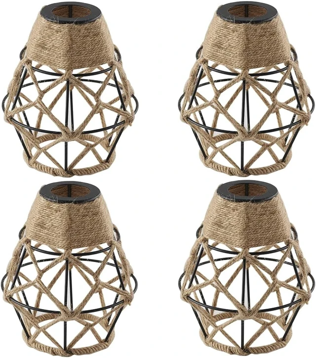 Main image of Metal Cage Handcrafted Woven Lampshade in Natural Neutral Jute Rope Industrial Style Lighting with Elegant Patterns for Wall Sconces Ceiling/Pendant Lights Table/Floor Lamps Home Decor - 4 Packs