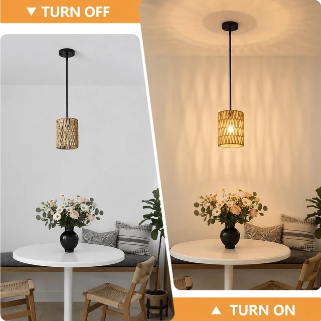 Alt view image 6 of 7 - 6 in. Mini Rattan Pendant Light, 2-in-1 Glass & Rattan Shade