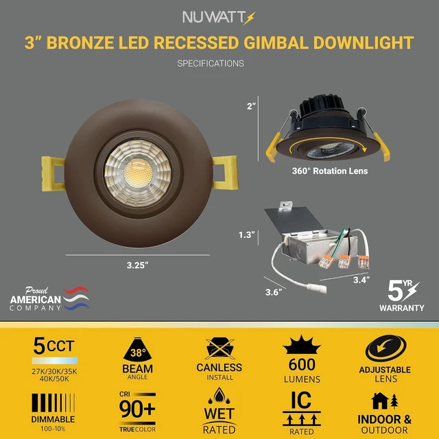 Alt view image 2 of 7 - NUWATT 3 Inch Bronze Gimbal LED Recessed Lights CCT 2700K-5000K, ETL, 4 PK