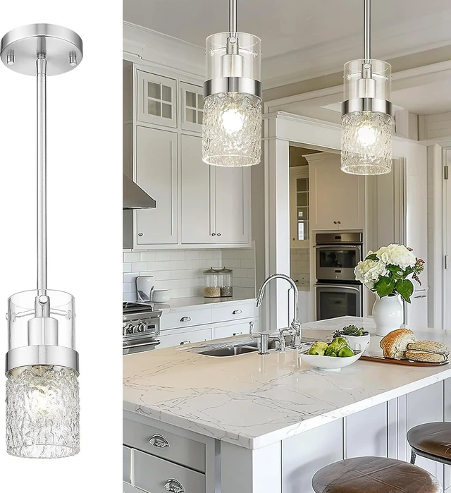 Main image of LMS Brushed Nickel Pendant Lights Kitchen Island, 1-Light Modern Glass Pendant Light Fixtures with Hammered Glass, Adjustable Mini Hanging Light for Kitchen Island Sink Bathroom, LMS-199