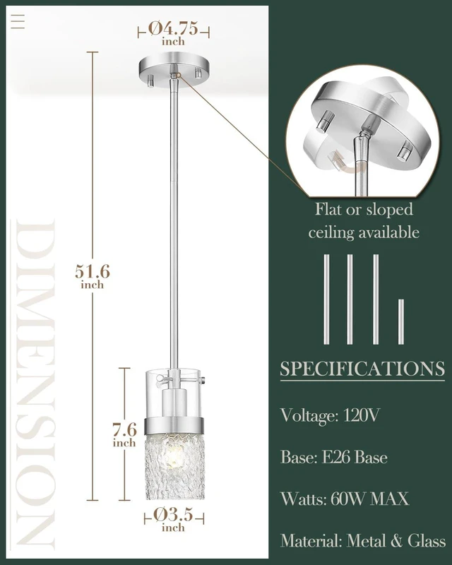 Alt view image 3 of 7 - LMS Brushed Nickel Pendant Lights Kitchen Island, 1-Light Modern Glass Pendant Light Fixtures with Hammered Glass, Adjustable Mini Hanging Light for Kitchen Island Sink Bathroom, LMS-199