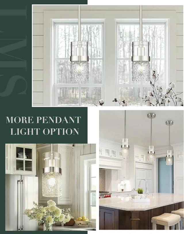 Alt view image 4 of 7 - LMS Brushed Nickel Pendant Lights Kitchen Island, 1-Light Modern Glass Pendant Light Fixtures with Hammered Glass, Adjustable Mini Hanging Light for Kitchen Island Sink Bathroom, LMS-199