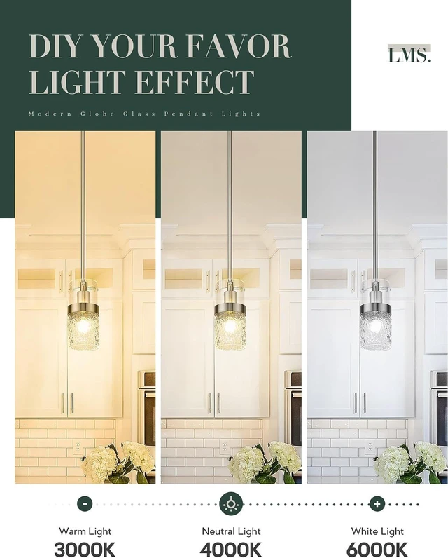 Alt view image 6 of 7 - LMS Brushed Nickel Pendant Lights Kitchen Island, 1-Light Modern Glass Pendant Light Fixtures with Hammered Glass, Adjustable Mini Hanging Light for Kitchen Island Sink Bathroom, LMS-199