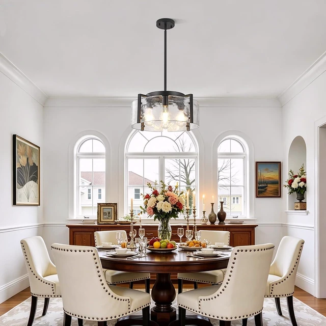 Alt view image 3 of 7 - Black 4-Light Glass Chandelier, Adjustable Modern Farmhouse Pendant Light, Drum Hanging Light Fixture for Kitchen Island, Dining Room, Entryway, Bedroom
