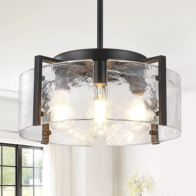 Main image of Black 4-Light Glass Chandelier, Adjustable Modern Farmhouse Pendant Light, Drum Hanging Light Fixture for Kitchen Island, Dining Room, Entryway, Bedroom