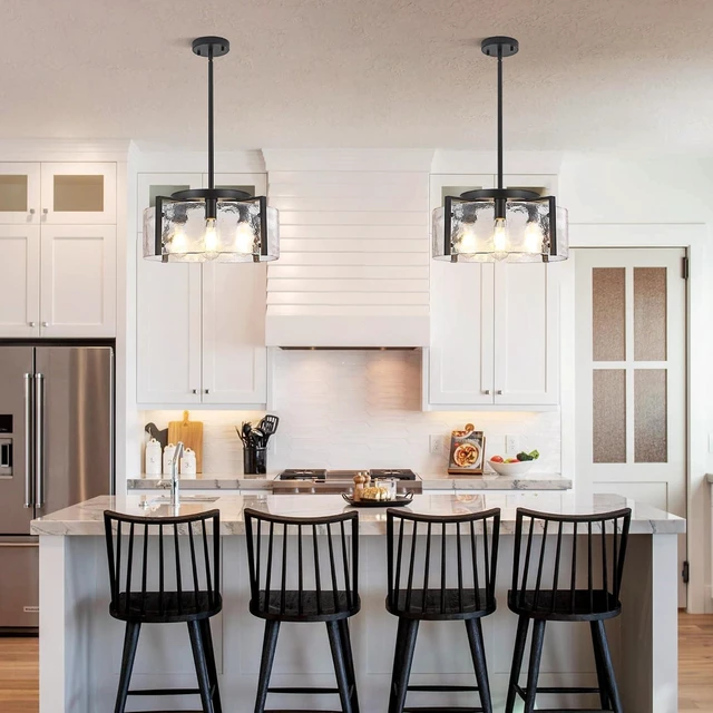 Alt view image 2 of 7 - Black 4-Light Glass Chandelier, Adjustable Modern Farmhouse Pendant Light, Drum Hanging Light Fixture for Kitchen Island, Dining Room, Entryway, Bedroom