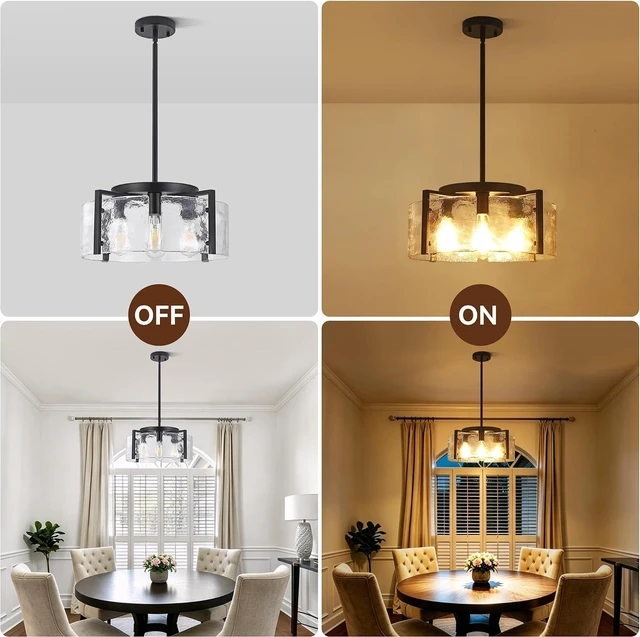 Alt view image 6 of 7 - Black 4-Light Glass Chandelier, Adjustable Modern Farmhouse Pendant Light, Drum Hanging Light Fixture for Kitchen Island, Dining Room, Entryway, Bedroom