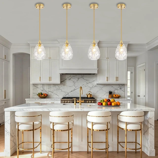 Alt view image 3 of 7 - Brushed Gold Pendant Lights Kitchen Island Hammered Glass Light Fixtures