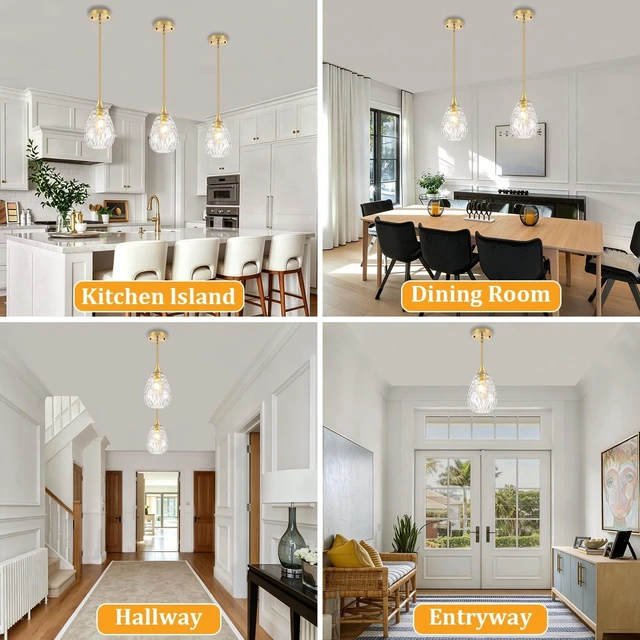 Alt view image 4 of 7 - Brushed Gold Pendant Lights Kitchen Island Hammered Glass Light Fixtures