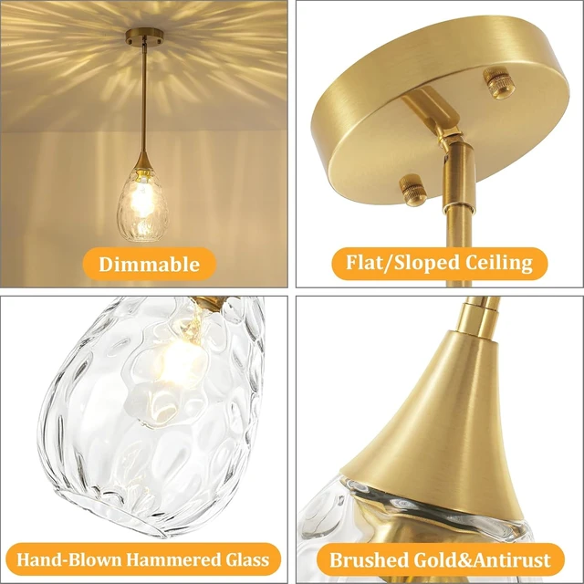 Alt view image 5 of 7 - Brushed Gold Pendant Lights Kitchen Island Hammered Glass Light Fixtures