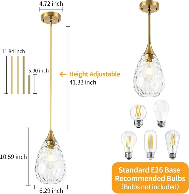 Alt view image 6 of 7 - Brushed Gold Pendant Lights Kitchen Island Hammered Glass Light Fixtures