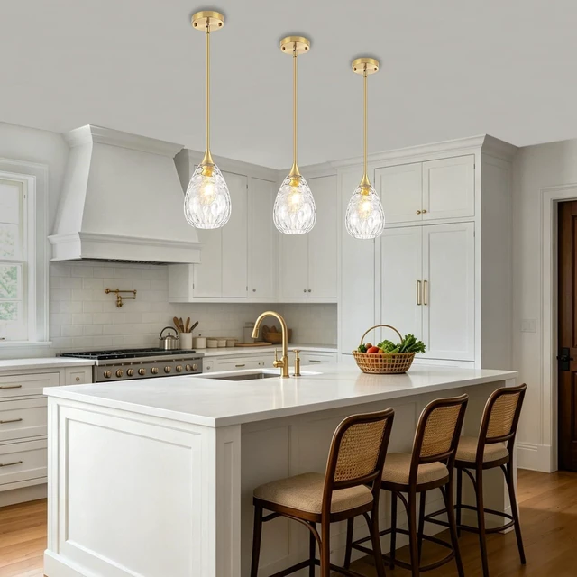 Alt view image 7 of 7 - Brushed Gold Pendant Lights Kitchen Island Hammered Glass Light Fixtures