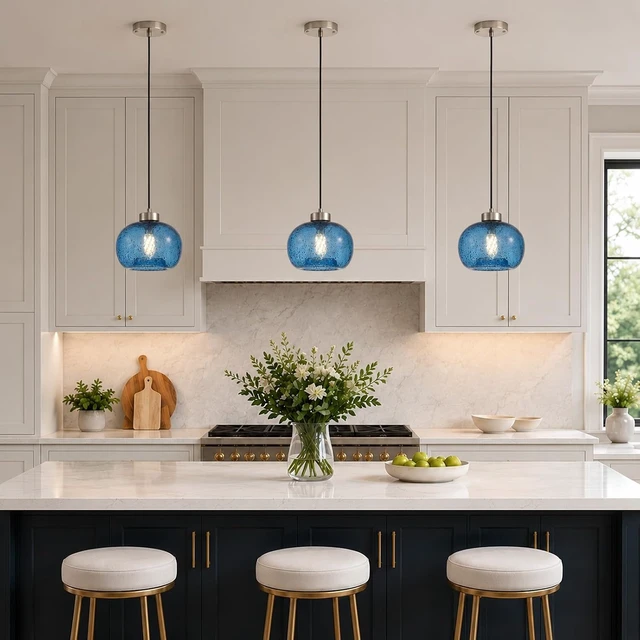 Alt view image 2 of 7 - 8.6" Coastal Blue Globe Seeded Glass Kitchen Island Pendant Light