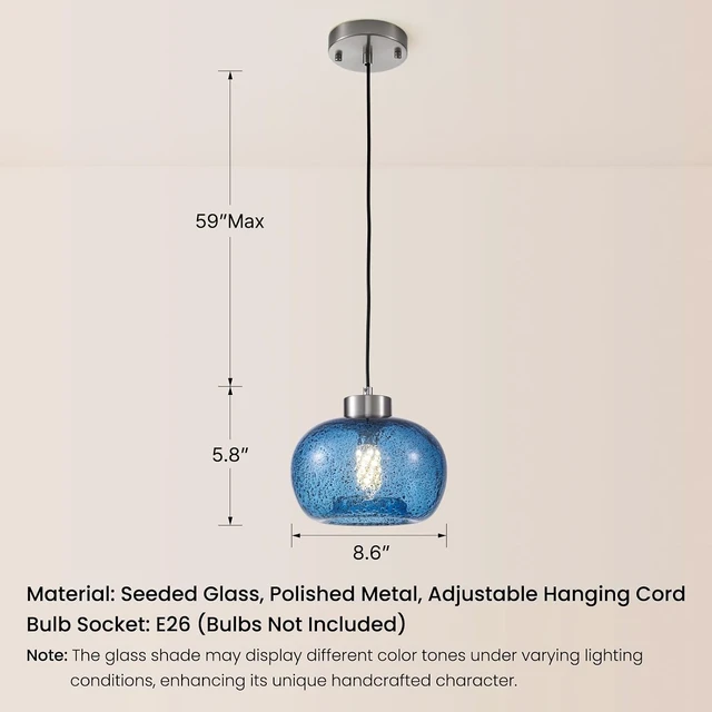 Alt view image 6 of 7 - 8.6" Coastal Blue Globe Seeded Glass Kitchen Island Pendant Light