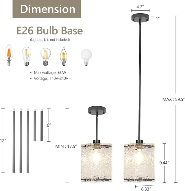 Alt view image 2 of 7 - Water Ripple Glass Pendant Lights Kitchen Island, Black, 3 Pack