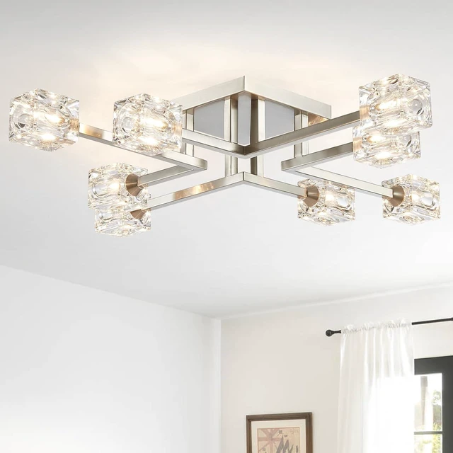 Main image of 8-Light Semi Flush Mount Ceiling Light Fixture, Modern Chandelier Brushed Nickel Glass Lighting Fixtures Sputnik Chandeliers for Dining Room Kitchen Bedroom Entryway Hallway