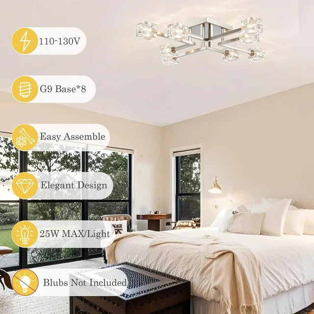 Alt view image 4 of 7 - 8-Light Semi Flush Mount Ceiling Light Fixture, Modern Chandelier Brushed Nickel Glass Lighting Fixtures Sputnik Chandeliers for Dining Room Kitchen Bedroom Entryway Hallway