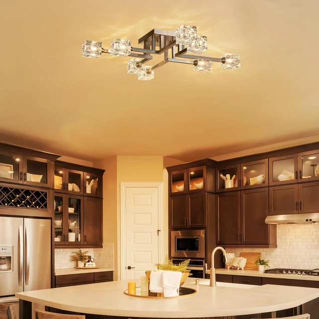 Alt view image 2 of 7 - 8-Light Semi Flush Mount Ceiling Light Fixture, Modern Chandelier Brushed Nickel Glass Lighting Fixtures Sputnik Chandeliers for Dining Room Kitchen Bedroom Entryway Hallway