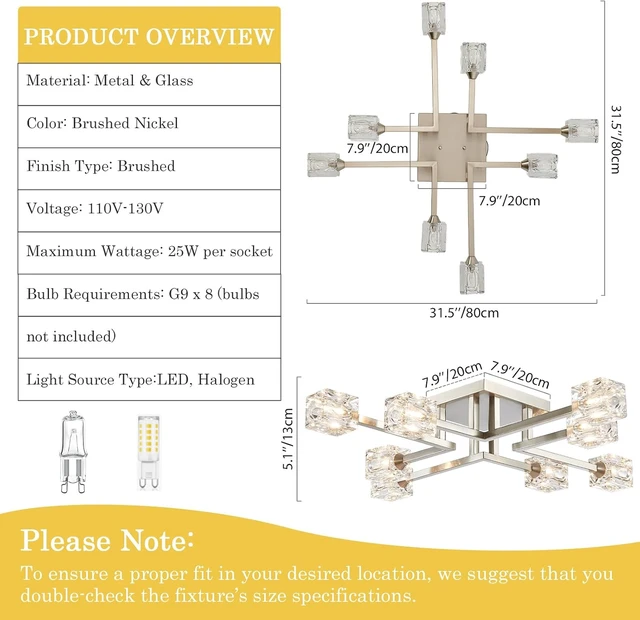 Alt view image 3 of 7 - 8-Light Semi Flush Mount Ceiling Light Fixture, Modern Chandelier Brushed Nickel Glass Lighting Fixtures Sputnik Chandeliers for Dining Room Kitchen Bedroom Entryway Hallway
