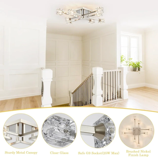 Alt view image 5 of 7 - 8-Light Semi Flush Mount Ceiling Light Fixture, Modern Chandelier Brushed Nickel Glass Lighting Fixtures Sputnik Chandeliers for Dining Room Kitchen Bedroom Entryway Hallway