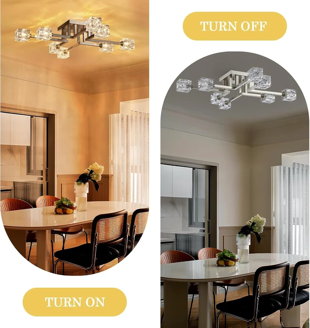 Alt view image 7 of 7 - 8-Light Semi Flush Mount Ceiling Light Fixture, Modern Chandelier Brushed Nickel Glass Lighting Fixtures Sputnik Chandeliers for Dining Room Kitchen Bedroom Entryway Hallway