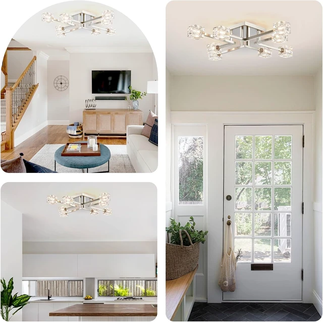 Alt view image 6 of 7 - 8-Light Semi Flush Mount Ceiling Light Fixture, Modern Chandelier Brushed Nickel Glass Lighting Fixtures Sputnik Chandeliers for Dining Room Kitchen Bedroom Entryway Hallway