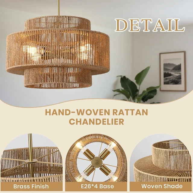 Alt view image 3 of 7 - 17.7" Boho Rattan Chandelier