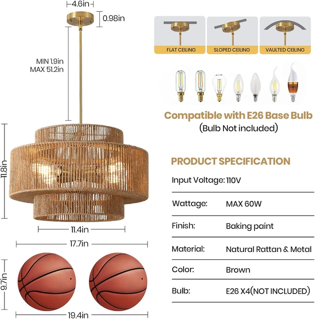 Alt view image 2 of 7 - 17.7" Boho Rattan Chandelier