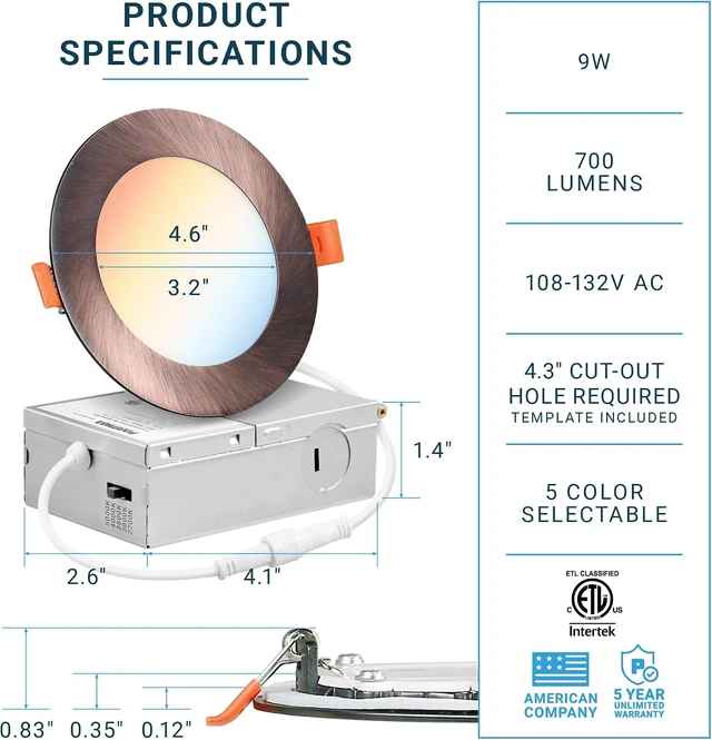 Alt view image 2 of 7 - PARMIDA (6 Pack) 4 Inch 5CCT Ultra-Thin LED Recessed Lighting with J-Box, 2700K/3000K/3500K/4000K/5000K 5 Color Selectable, 9W, Dimmable, Canless Slim Panel Lights, ETL, Oil Rubbed Bronze Finish