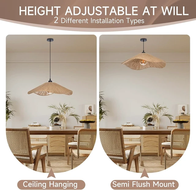 Alt view image 2 of 7 - 19.6" Large Boho Rope Woven Pendant Light, Adjustable Coastal Lamp Shade, Farmhouse Chandelier Vintage Hanging Lighting for Kitchen Island. Bedroom, Dining Room, Living Room, Entryway, Foyer