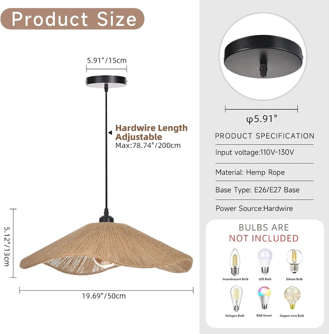 Alt view image 6 of 7 - 19.6" Large Boho Rope Woven Pendant Light, Adjustable Coastal Lamp Shade, Farmhouse Chandelier Vintage Hanging Lighting for Kitchen Island. Bedroom, Dining Room, Living Room, Entryway, Foyer