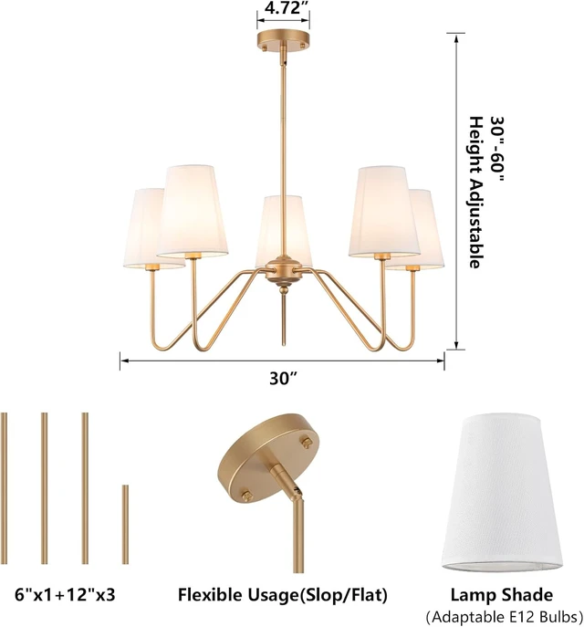 Alt view image 3 of 7 - Brass Gold Chandeliers, 5-Light Farmhouse Pendant Light Fixture Over Table