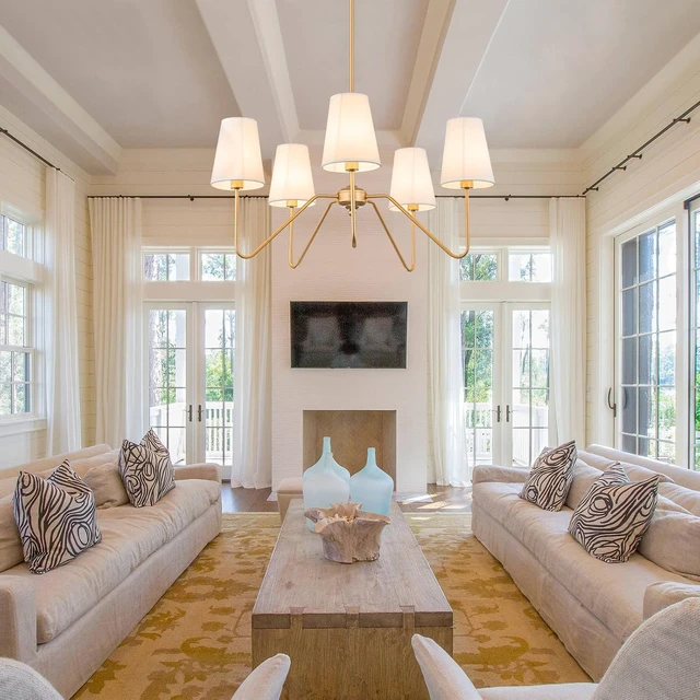 Alt view image 6 of 7 - Brass Gold Chandeliers, 5-Light Farmhouse Pendant Light Fixture Over Table