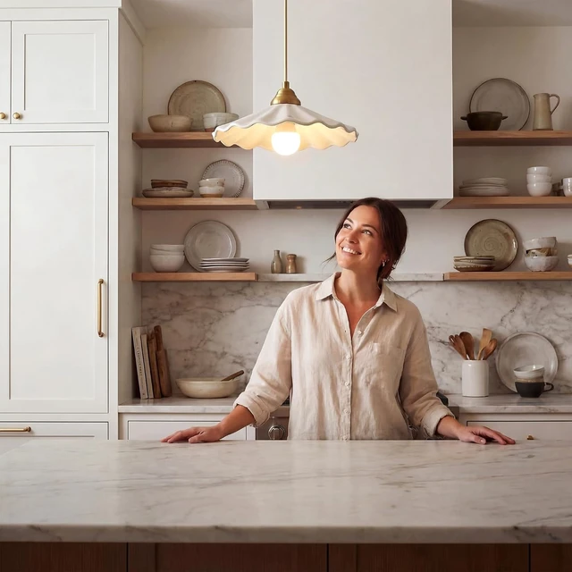Alt view image 2 of 7 - White Scalloped Ceramic Pendant Light, Vintage Kitchen Island Light Fixture