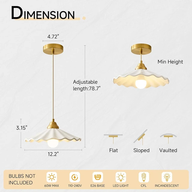 Alt view image 3 of 7 - White Scalloped Ceramic Pendant Light, Vintage Kitchen Island Light Fixture
